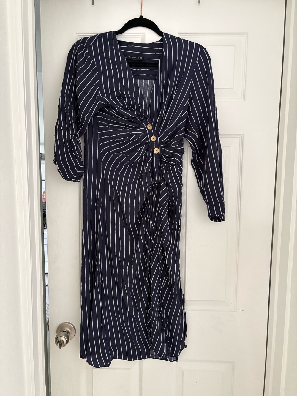 Zara Navy and White Striped Midi Wrap Dress